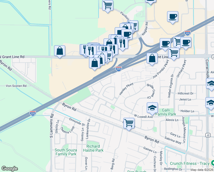 map of restaurants, bars, coffee shops, grocery stores, and more near 2849 Hawkins Lane in Tracy