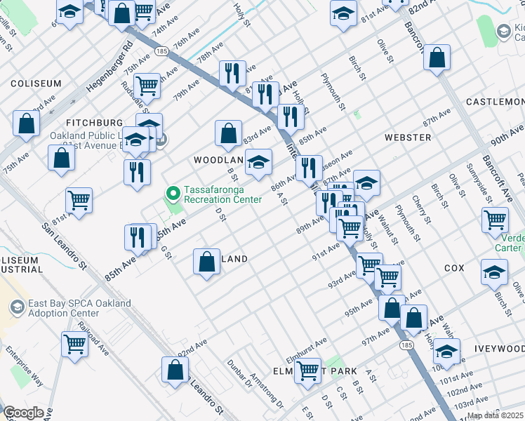 map of restaurants, bars, coffee shops, grocery stores, and more near 8626 B Street in Oakland