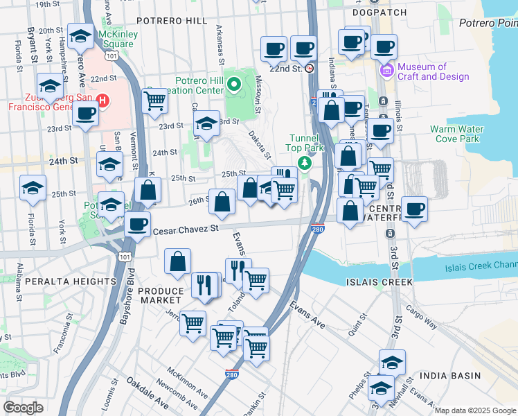 map of restaurants, bars, coffee shops, grocery stores, and more near 1250 Missouri Street in San Francisco
