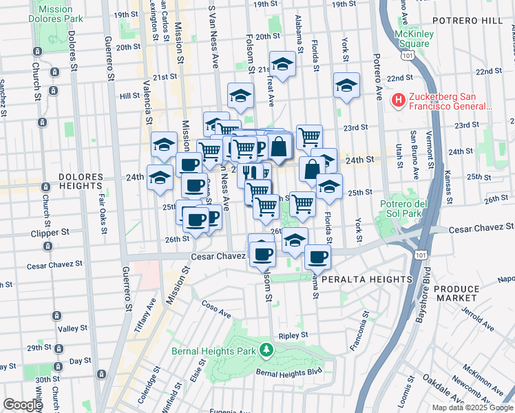 map of restaurants, bars, coffee shops, grocery stores, and more near 2929b Folsom Street in San Francisco