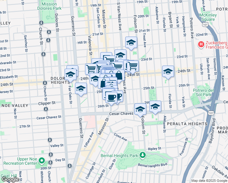 map of restaurants, bars, coffee shops, grocery stores, and more near 2901 Mission Street in San Francisco