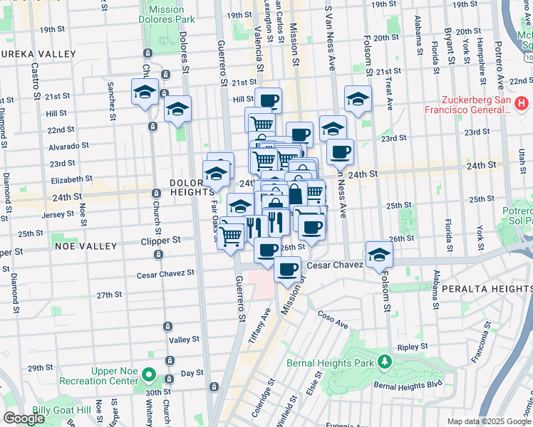 map of restaurants, bars, coffee shops, grocery stores, and more near 3531 25th Street in San Francisco
