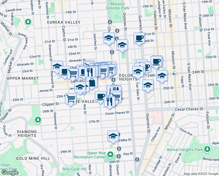 map of restaurants, bars, coffee shops, grocery stores, and more near 406 Vicksburg Street in San Francisco