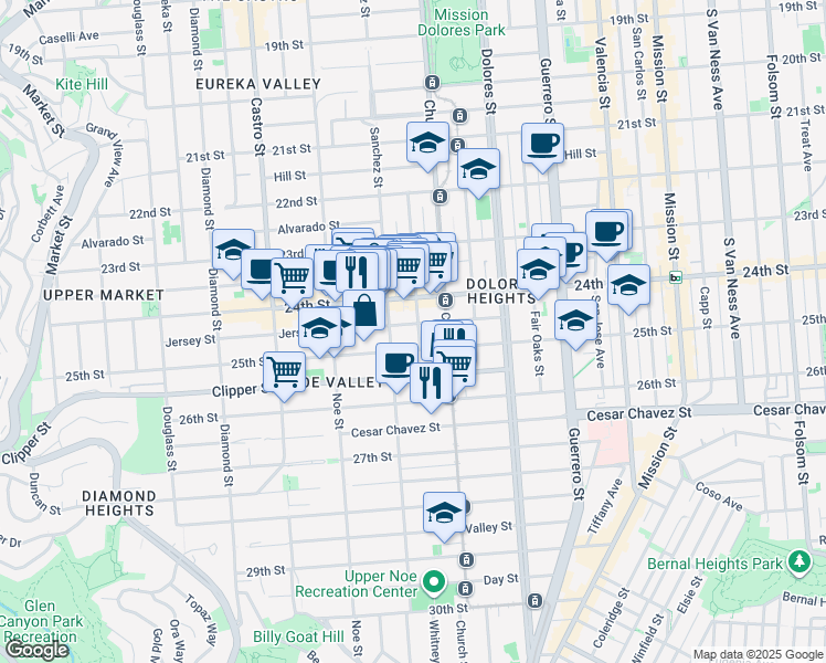 map of restaurants, bars, coffee shops, grocery stores, and more near 406 Vicksburg Street in San Francisco