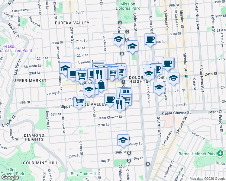 map of restaurants, bars, coffee shops, grocery stores, and more near 406 Vicksburg Street in San Francisco