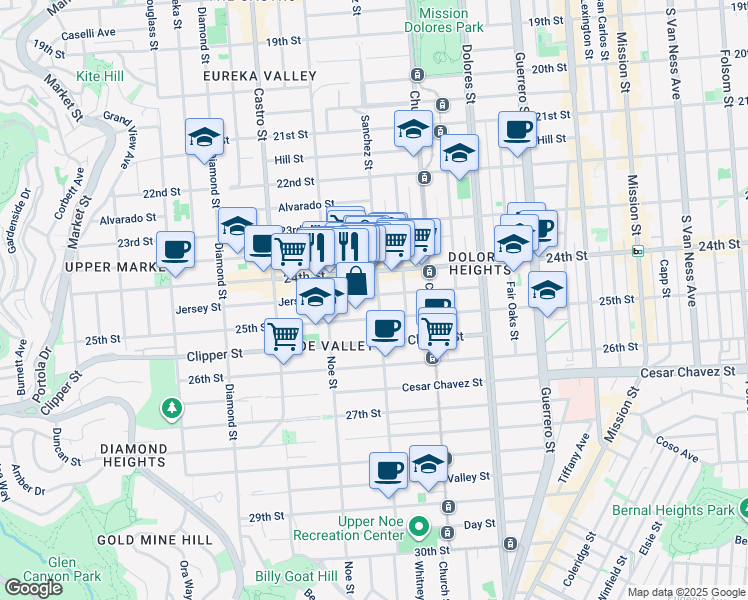 map of restaurants, bars, coffee shops, grocery stores, and more near 207 Jersey Street in San Francisco