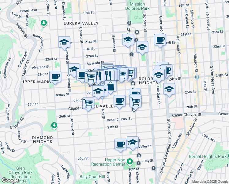 map of restaurants, bars, coffee shops, grocery stores, and more near 207 Jersey Street in San Francisco