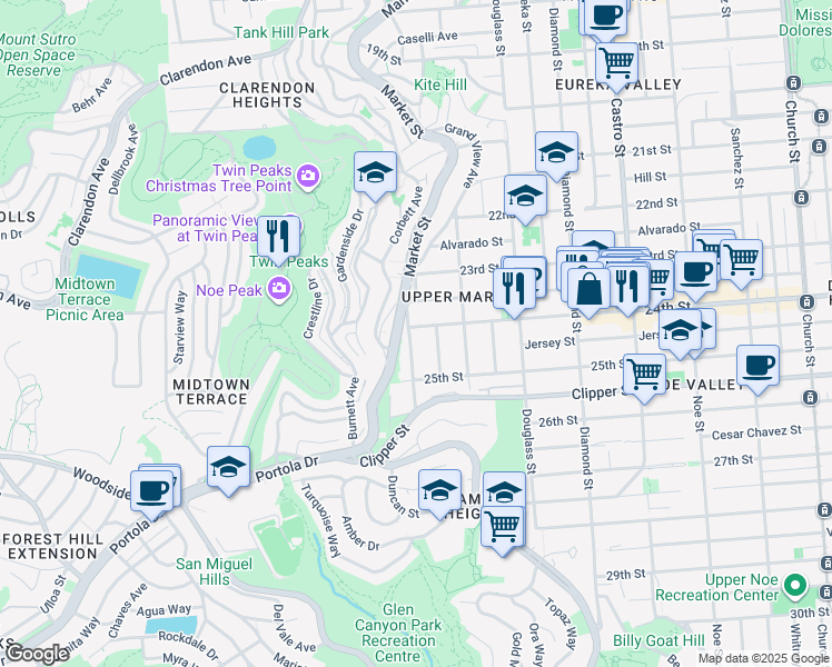 map of restaurants, bars, coffee shops, grocery stores, and more near 16 Fountain Street in San Francisco