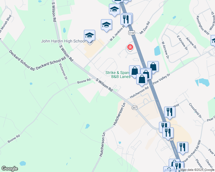 map of restaurants, bars, coffee shops, grocery stores, and more near 6681-6689 South Wilson Road in Elizabethtown