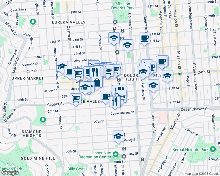 map of restaurants, bars, coffee shops, grocery stores, and more near 406 Vicksburg Street in San Francisco