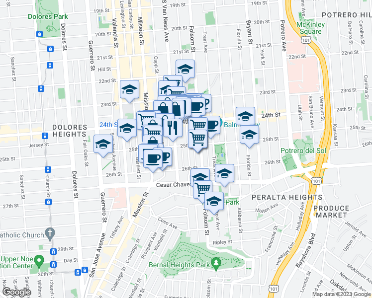 map of restaurants, bars, coffee shops, grocery stores, and more near 1118 Shotwell Street in San Francisco