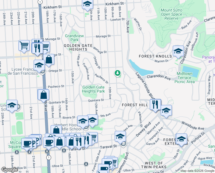 map of restaurants, bars, coffee shops, grocery stores, and more near 46 Cragmont Avenue in San Francisco