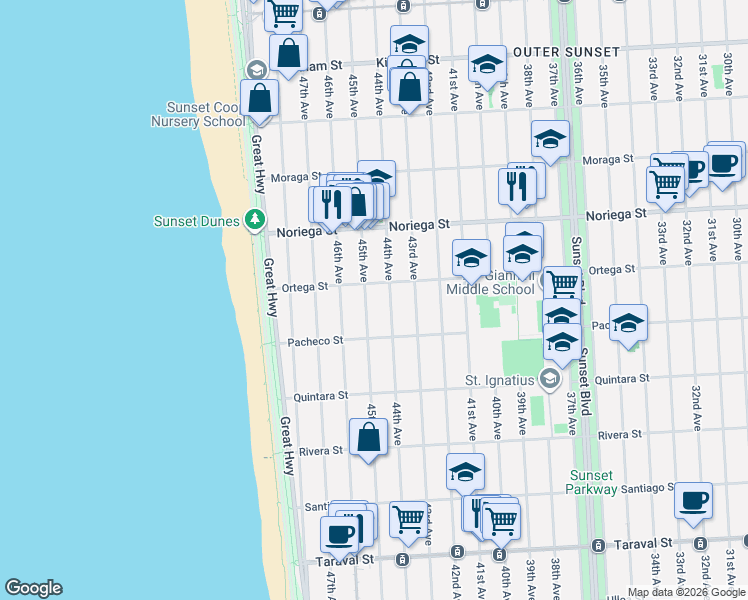 map of restaurants, bars, coffee shops, grocery stores, and more near 1935 44th Avenue in San Francisco