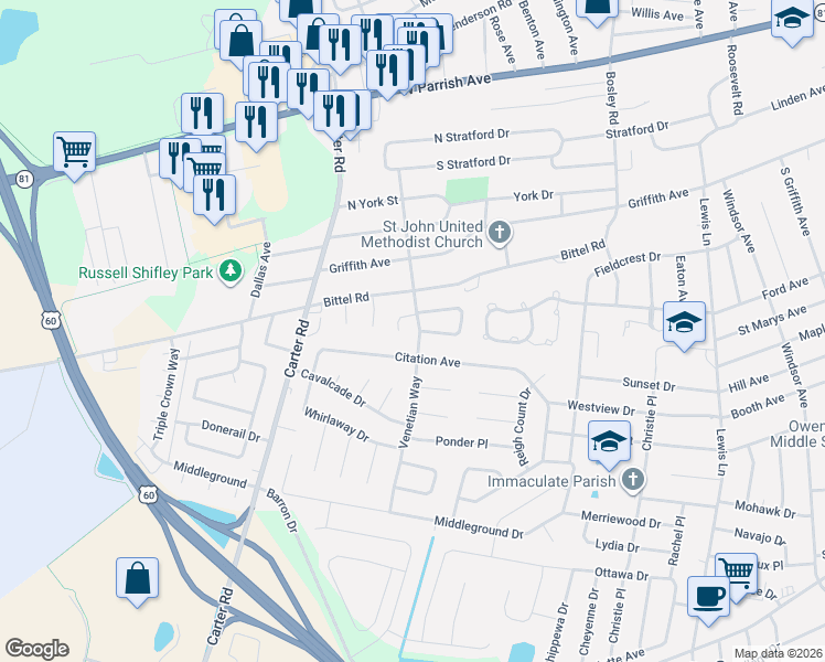 map of restaurants, bars, coffee shops, grocery stores, and more near 1924 Venetian Way in Owensboro