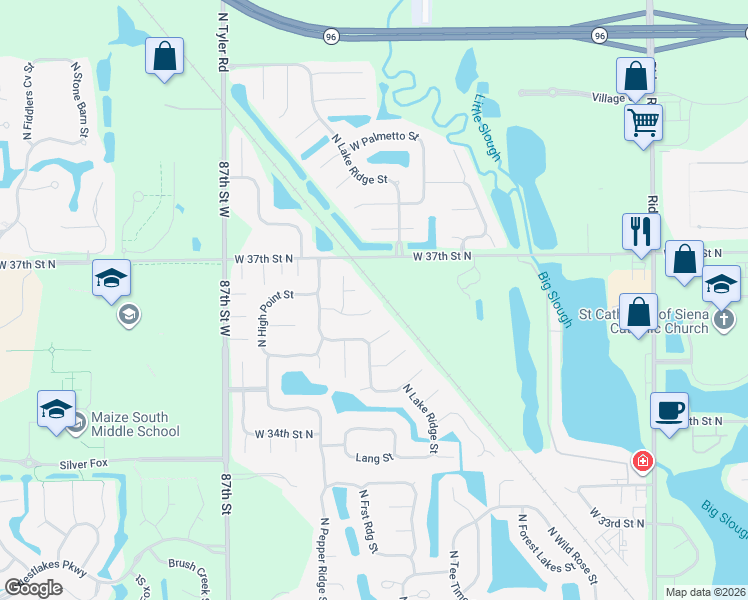map of restaurants, bars, coffee shops, grocery stores, and more near 3694 Forest Ridge Court in Wichita
