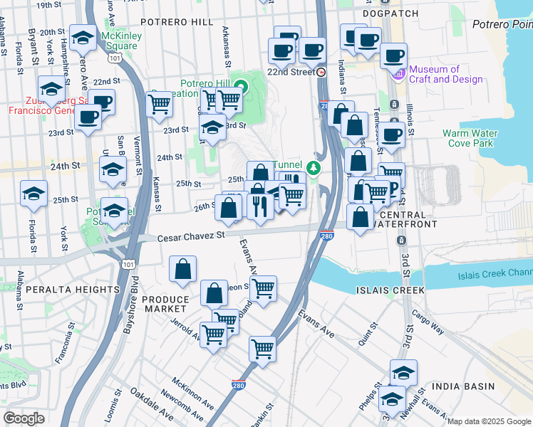 map of restaurants, bars, coffee shops, grocery stores, and more near 1250 Missouri Street in San Francisco