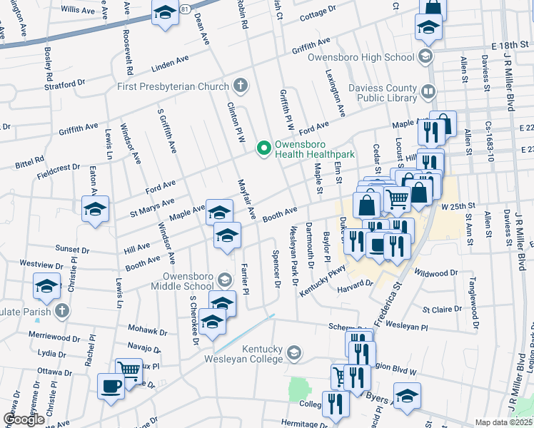 map of restaurants, bars, coffee shops, grocery stores, and more near 1109 Booth Avenue in Owensboro