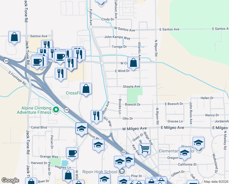 map of restaurants, bars, coffee shops, grocery stores, and more near 487 Bodeson Court in Ripon