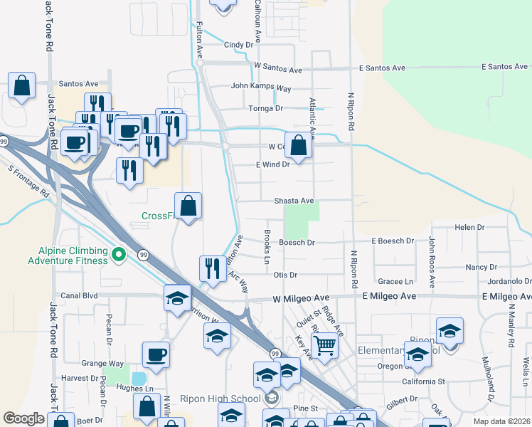 map of restaurants, bars, coffee shops, grocery stores, and more near 487 Bodeson Court in Ripon