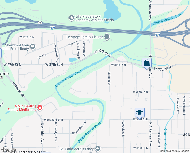 map of restaurants, bars, coffee shops, grocery stores, and more near 3701 North Seneca Street in Wichita