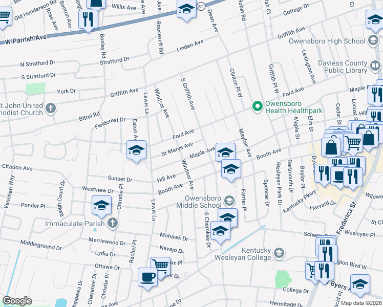 map of restaurants, bars, coffee shops, grocery stores, and more near 1503 Maple Avenue in Owensboro
