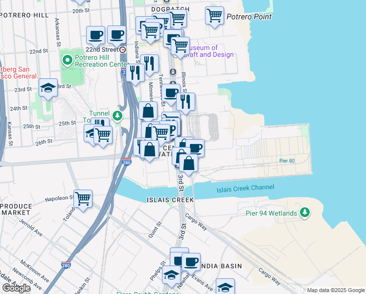 map of restaurants, bars, coffee shops, grocery stores, and more near 3095 3rd Street in San Francisco