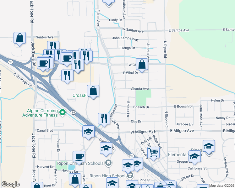 map of restaurants, bars, coffee shops, grocery stores, and more near 657 Bodeson Court in Ripon