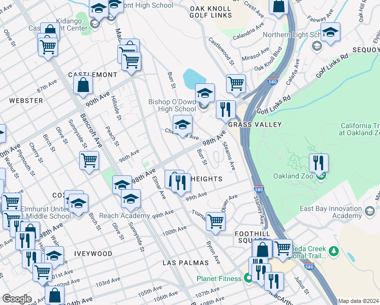 map of restaurants, bars, coffee shops, grocery stores, and more near 9800 Lawlor Street in Oakland