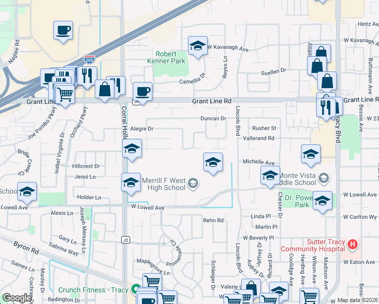 map of restaurants, bars, coffee shops, grocery stores, and more near 1680 Etta Way in Tracy