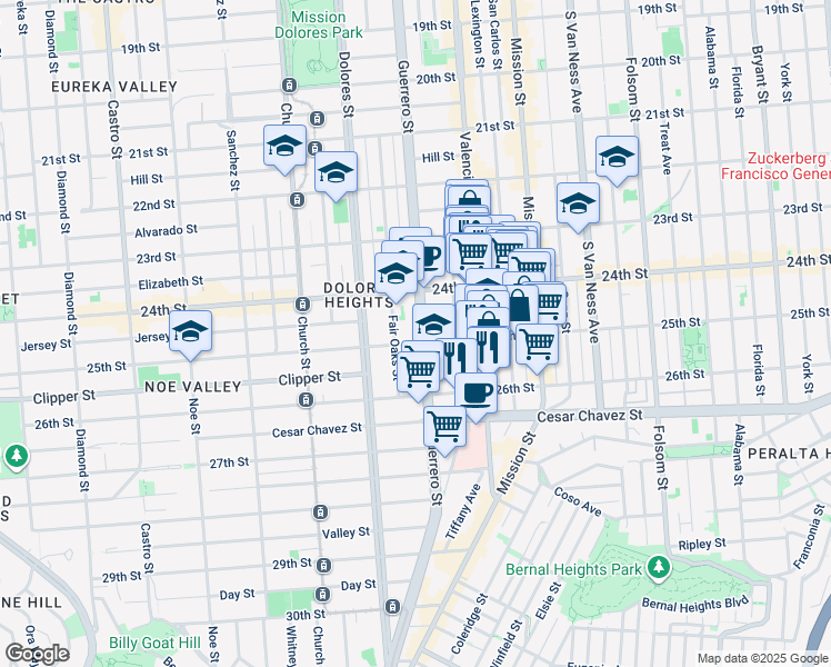 map of restaurants, bars, coffee shops, grocery stores, and more near 1295 Guerrero Street in San Francisco