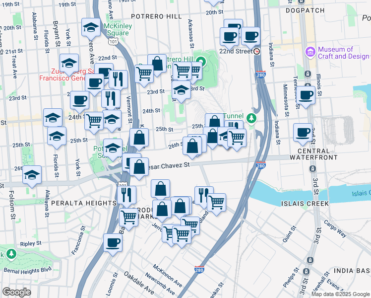 map of restaurants, bars, coffee shops, grocery stores, and more near 1218 Connecticut Street in San Francisco