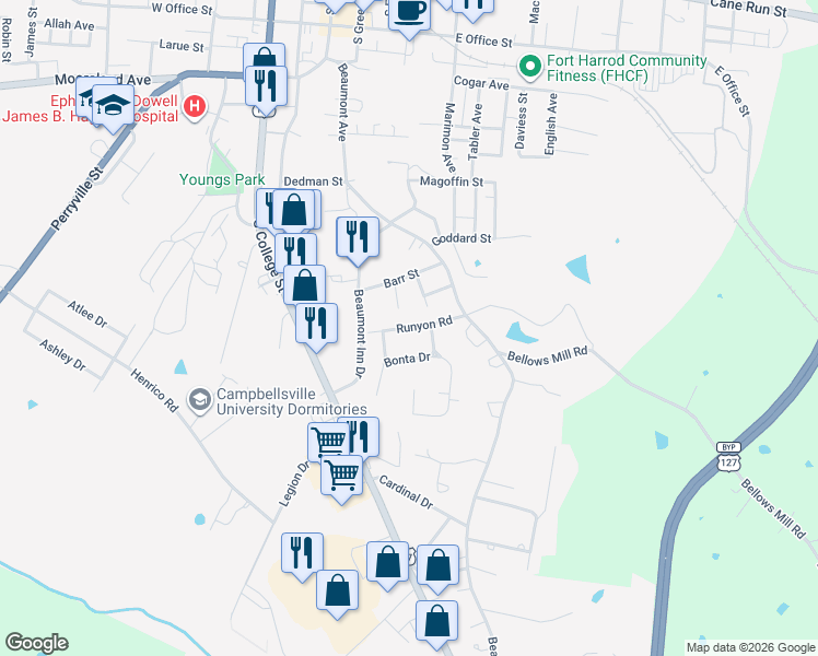 map of restaurants, bars, coffee shops, grocery stores, and more near 364 Runyon Rd in Harrodsburg