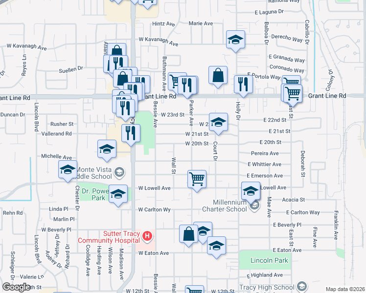 map of restaurants, bars, coffee shops, grocery stores, and more near 1940 Wall Street in Tracy