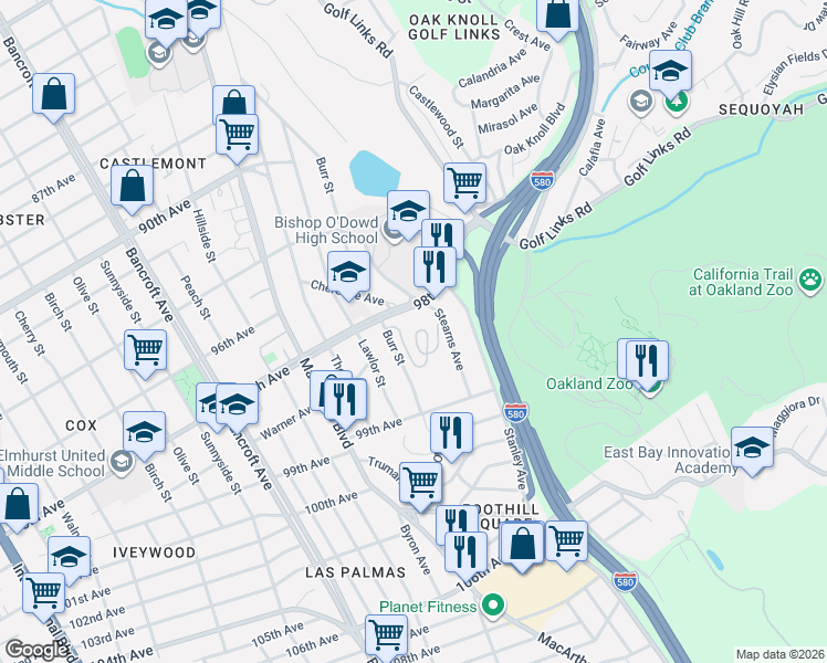 map of restaurants, bars, coffee shops, grocery stores, and more near 79 Anair Way in Oakland