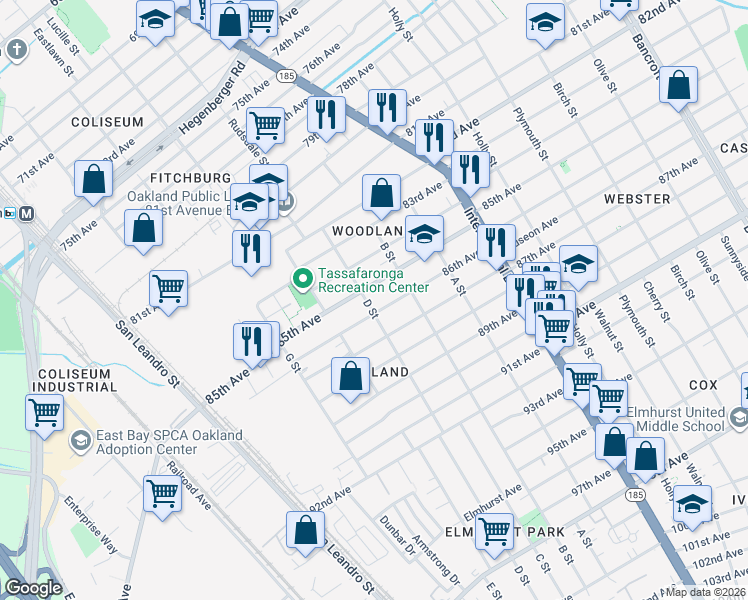 map of restaurants, bars, coffee shops, grocery stores, and more near 1129 86th Avenue in Oakland
