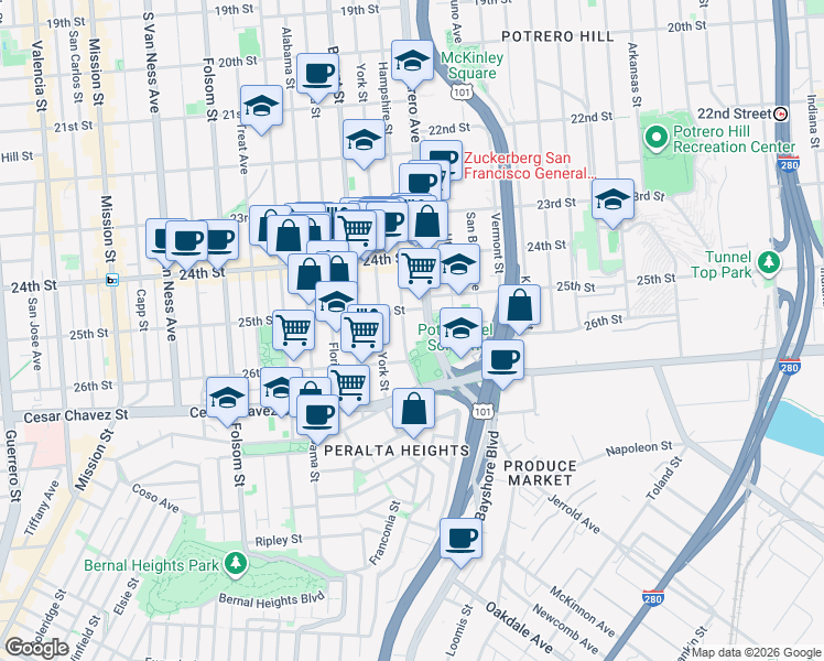 map of restaurants, bars, coffee shops, grocery stores, and more near 1339 York Street in San Francisco