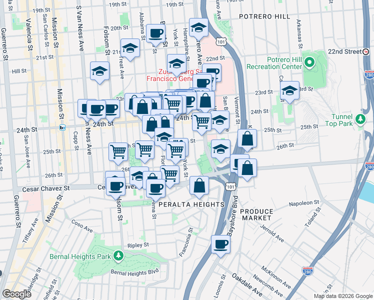 map of restaurants, bars, coffee shops, grocery stores, and more near 1339 York Street in San Francisco