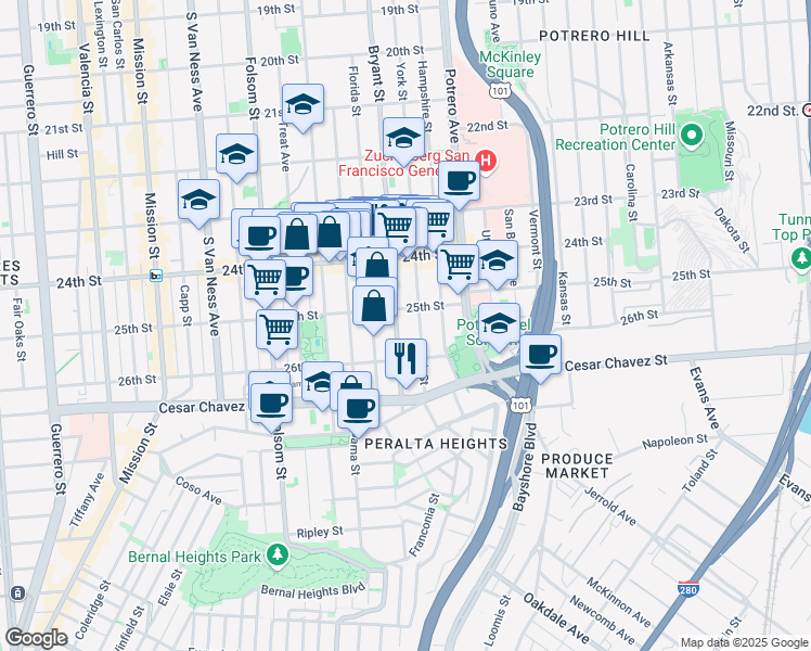 map of restaurants, bars, coffee shops, grocery stores, and more near in San Francisco