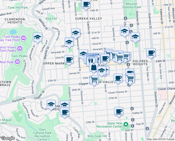 map of restaurants, bars, coffee shops, grocery stores, and more near 406 Jersey Street in San Francisco