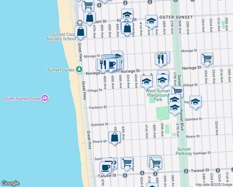 map of restaurants, bars, coffee shops, grocery stores, and more near 1935 44th Avenue in San Francisco