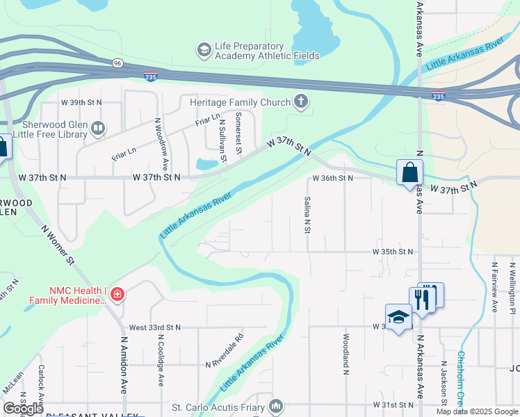 map of restaurants, bars, coffee shops, grocery stores, and more near 3701 North Seneca Street in Wichita
