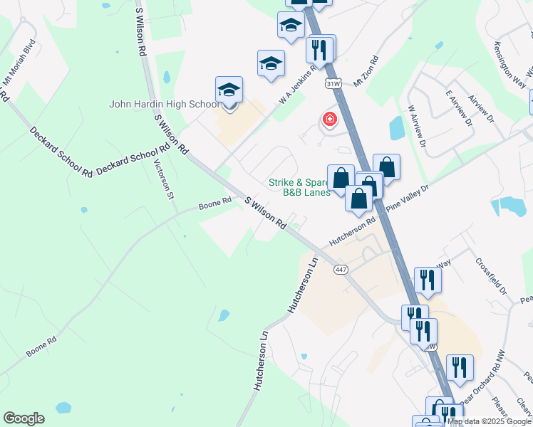 map of restaurants, bars, coffee shops, grocery stores, and more near 6681 South Wilson Road in Elizabethtown