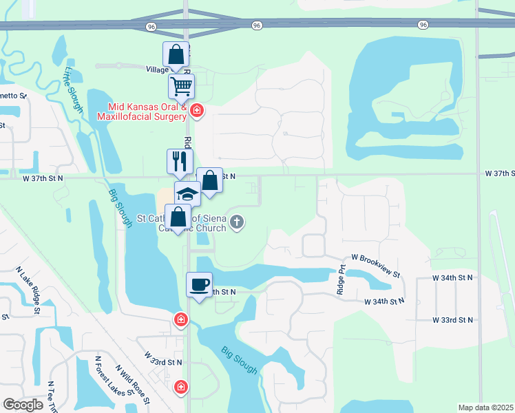 map of restaurants, bars, coffee shops, grocery stores, and more near Via Christi Ridge Plaza in Wichita
