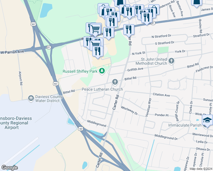 map of restaurants, bars, coffee shops, grocery stores, and more near 2624 Bittel Road in Owensboro