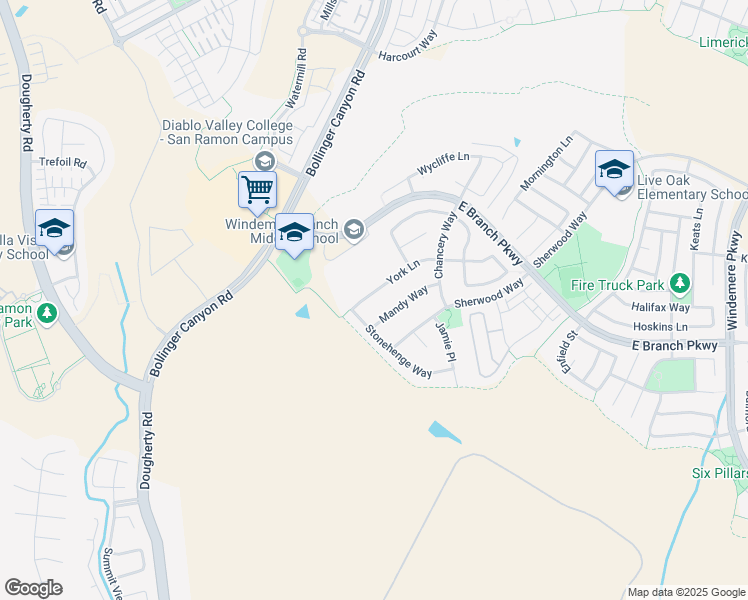 map of restaurants, bars, coffee shops, grocery stores, and more near 3575 York Lane in San Ramon