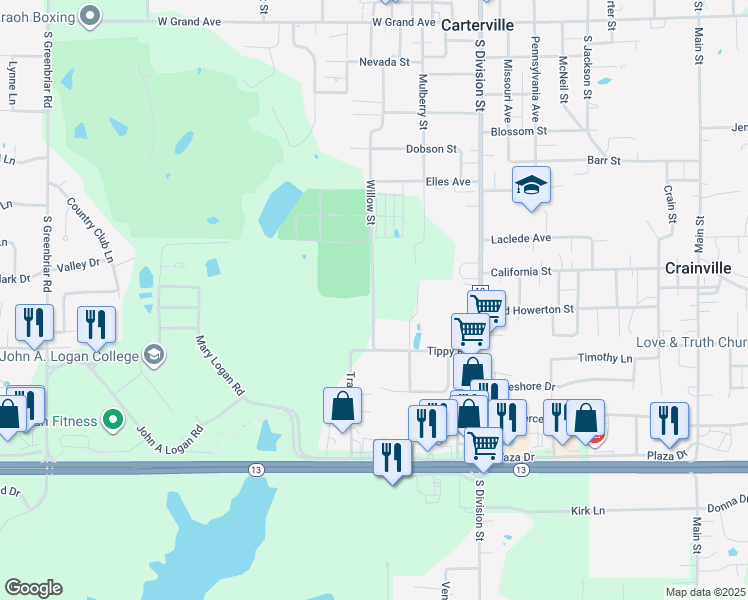 map of restaurants, bars, coffee shops, grocery stores, and more near 1063 Willow Street in Carterville