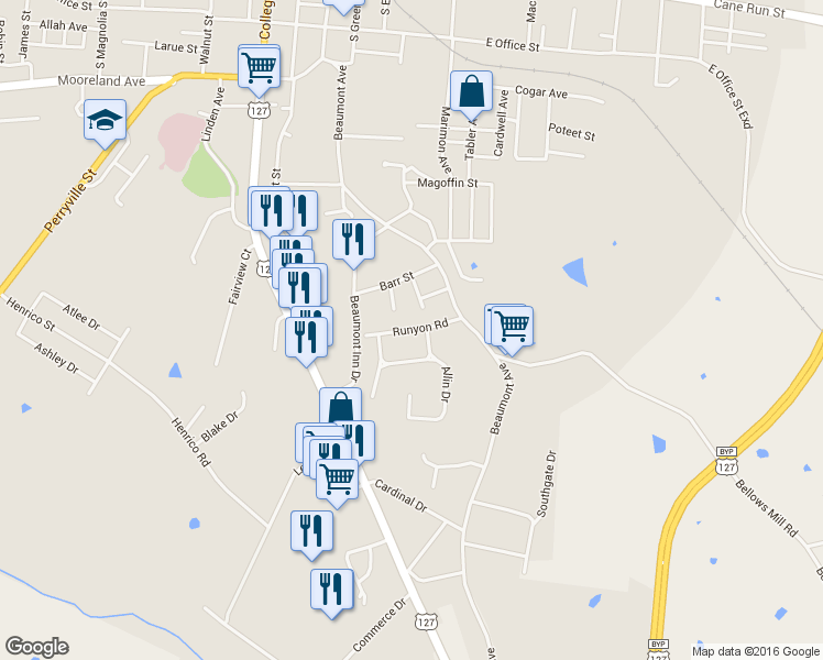 map of restaurants, bars, coffee shops, grocery stores, and more near 342 Runyon Road in Harrodsburg