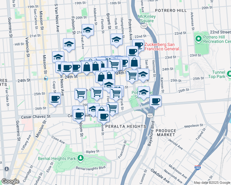 map of restaurants, bars, coffee shops, grocery stores, and more near 2731 Bryant Street in San Francisco