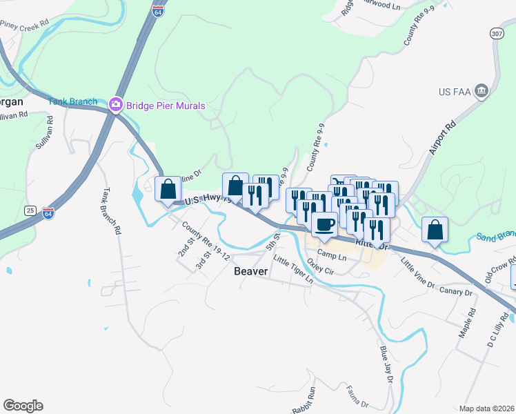map of restaurants, bars, coffee shops, grocery stores, and more near 658 Ritter Drive in Glen Morgan