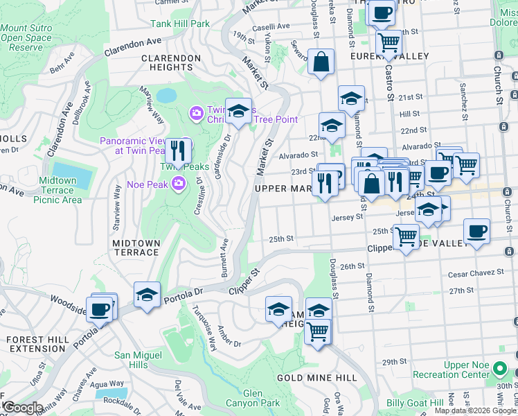 map of restaurants, bars, coffee shops, grocery stores, and more near 24th St & Grand View Ave in San Francisco